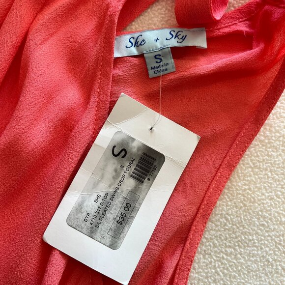 NWT She + Sky Halter Top Womens Coral Cotton Blend Pleated Swing Crop Top Size S - Picture 7 of 10